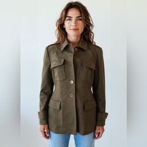 KAREN MILLEN Wool Utility Jacket Blazer Coat In Olive Green. Size 12